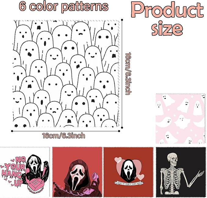 6 PCS Glasses Cleaning Cloth Eyeglass Cleaning Cloth Lens Eyeglasses Microfiber Cute Aesthetic Cloth for Unisex Women Girls Reusable Phone Screens Camera Multi-Patterns(6.3"x6.3")-Skull