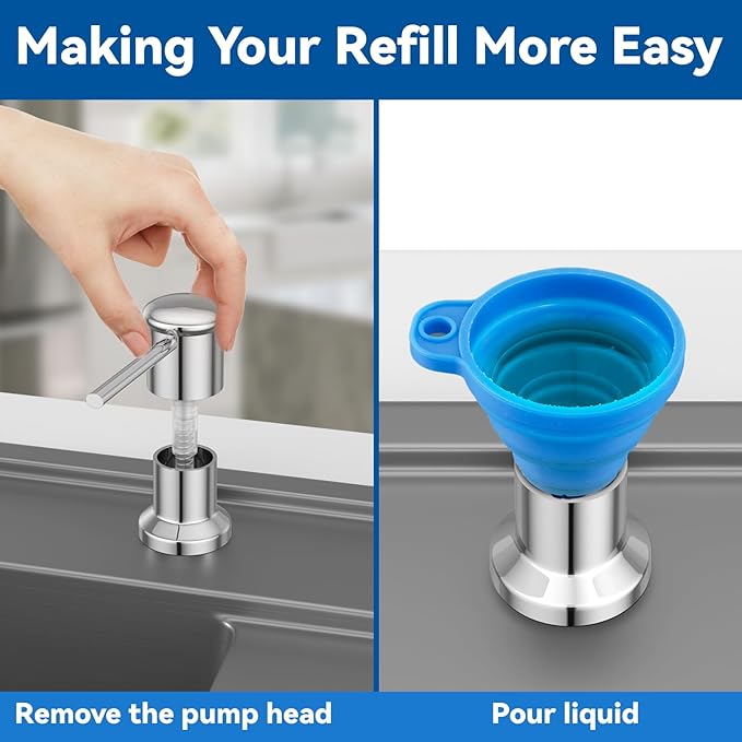 Dish Soap Dispenser, Kitchen Sink Soap Dispenser Pump with 17 OZ Bottle, Refill from The Top, Wide Pump Head Base (Chrome)