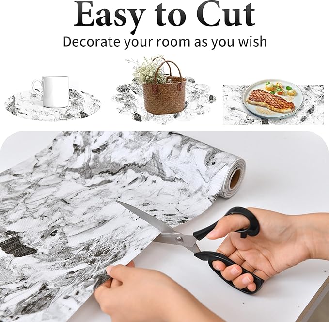 Drawer and Shelf Liner for Kitchen Cabinet: 23.6 in X 20 Ft Non Slip Waterproof Shelf Paper Non Adhesive Refrigerator Liners Grey and White Marble Easy Liners for Bathroom with Knife Tape Measure