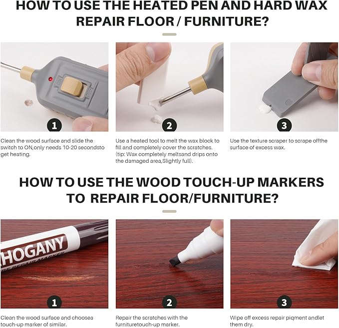 Vinyl Laminate Floor Repair kit with Heat Pen, Linoleum Hardwood Floor Scratch Repair - 11 Colors Floor Wax Wood Marker Restore Scratches, Cracks, Stains,Holes for Wooden Door, Floor, Cabinet, Table
