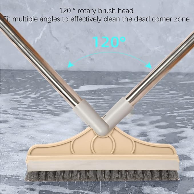 2 in 1 Cleaning Floor Scrub Brush Floor Brush Scrubber New Upgraded 53.5" Long Handle Grout Brush Scrape V-Shape Stiff Bristle Cleaning Brush with Squeegee 120°Rotating Tile Brush for Bathroom