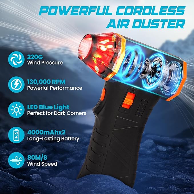 Compressed Air Duster, 130000 RPM Electric Air Duster – Rechargeable Cordless Air Blower with 3 Gear Adjustable Setting with LED Light for Keyboard, Computer, Car, Home, and Outdoor Cleaning