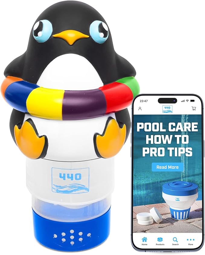 440 Pool Chlorine Floater Dispenser, Fits Up to 3 Pieces of 3-Inch Chlorine Tabs, Adjustable Flow, Control, Heavy-Duty Plastic - Suitable for Small & Large Pools - 8 Ounces | Cartoon Penguin