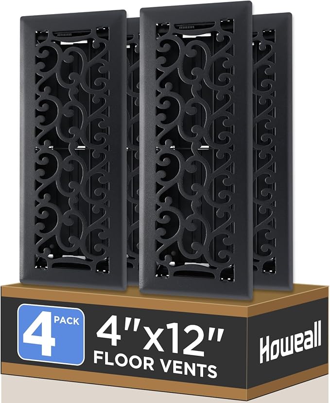4x12 Inches 4 Pack Heavy Duty Walkable Floor Register - Easy Adjust Air Supply Lever Decorative Floor Vent Covers, Savannah Design Vent Covers for Home - Matte Black