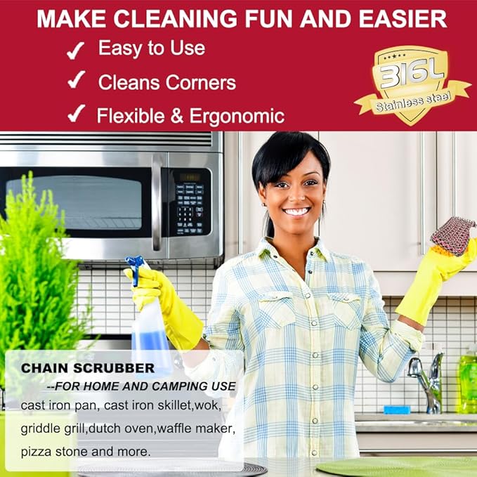 Cast Iron Chainmail Scrubber with Red Silicone Insert Chainmail Scrub Easy to Grip,Cast Iron Pan Cleaner -316 Chain Metal Sponge for Cast Pan Skillet Scrubber