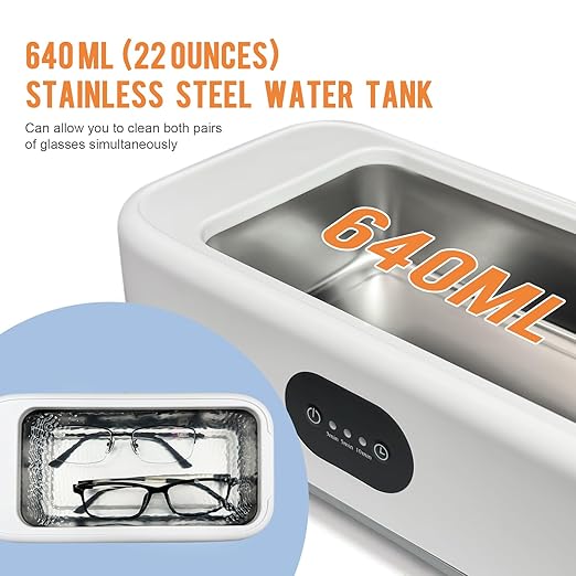 MTWML Ultrasonic Glasses Cleaning Machine,49Khz 22Oz Jewelry Clean Machine with 3 Modes Timer for Ring Earring Dentures Necklaces Watch Strap Keycap Earrings 304 Stainless Steel Tank(640ML)
