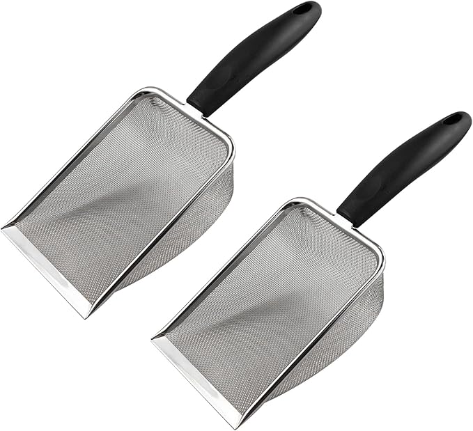 2PCS Stainless Steel Reptile Scooper Set - Fine Mesh Substrate Sifter Scoops for Litter Cleaning, Metal Sand Shovel Combo for Efficient Corner Cleaning and Substrate Sifting in Sand Bedding