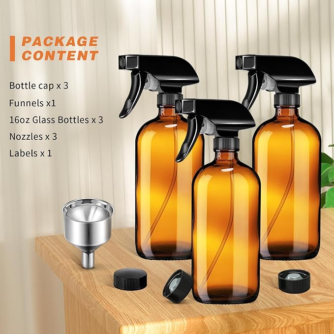 Glass Spray Bottle, 3 Pack 16oz Empty Sprayer with Funnel & Cap & Labels, Large Refillable Mist Bottles for Cleaning, Plant, Essential Oil, Facial Hydration, Water Flowers & Hair Care, (Amber)