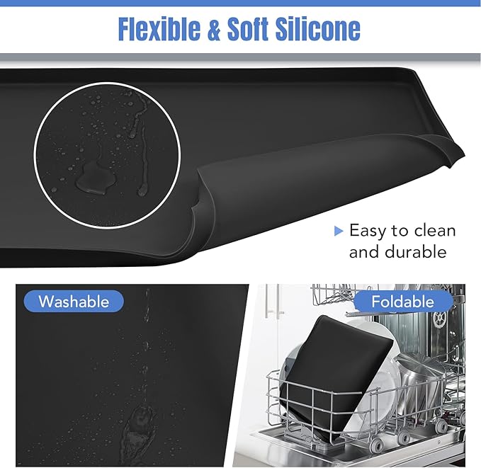 Dishwashers Drip Pan, Prevent Water Leakage and Protect Countertop & Floor, 23.6''x23.6'' Dishwasher Mat, Non-Slip & Leak-Proof Silicone Mat with 0.6'' Raised Edge, for Under Most Portable Dishwasher