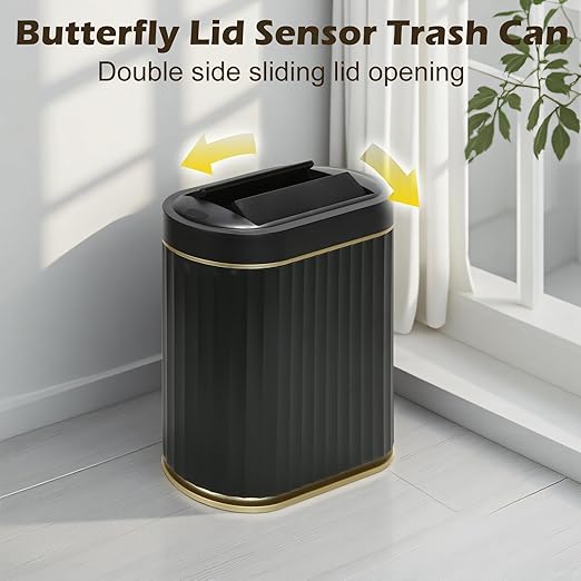 Bathroom Trash Can with Lid Butterfly 2 Gallon Sensor Trash can, IPX5 Waterproof Garbage Can, Automatic Slim Trash Bin, Under-Counter Wastebasket Bathroom Decor for Kitchen, Black Gold