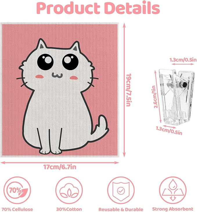 Needbrock 6 Pack Swedish Dishcloths for Kitchen, Swedish Rags Absorbent Cat Dish Cloths Dish Towels with Adhesive Clips, Reusable Paper Towels No Odor for Cleaning Kitchen Valentines Gifts for Women