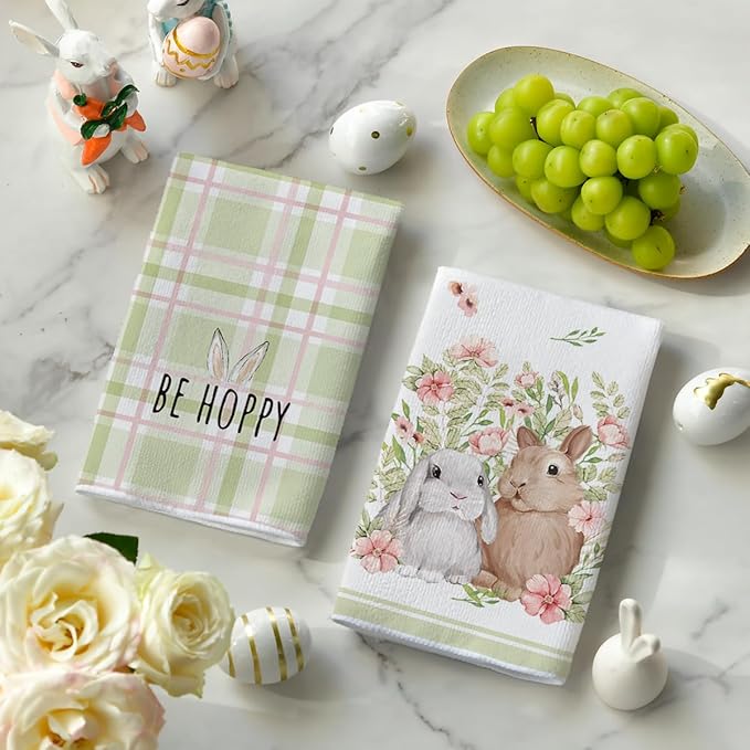 Artoid Mode Green Bunny Rabbit Ears Floral Leaves Easter Kitchen Towels Dish Towels, 18x26 Inch Be Kind Seasonal Decoration Hand Towels Set of 4