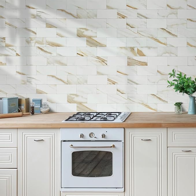 AULIGET 4-Piece Calacatta Gold Marble Look Peel and Stick Backsplash Wall Tiles, 3" x 6" Faxu Stone PVC Stick on Tile for Backsplash Kitchen, Bathroom, Laundry Room, Camper, Fireplace