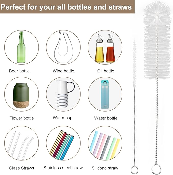 8 Pcs Bottle and Straw Cleaner, Long Deep Nylon Brush with Bendable Stainless Steel Flexible Handles for Bottles, Straws, Pipes, Wine Decanter, Sinks and Cup Cover