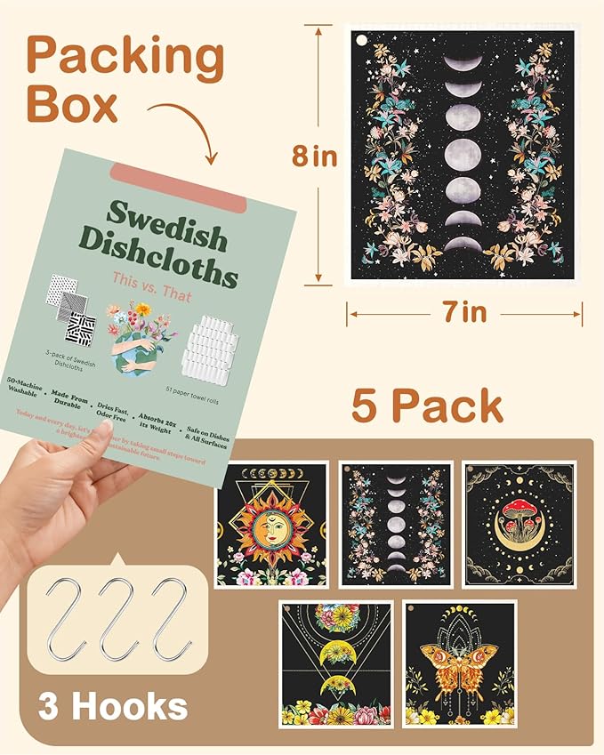 Swedish Dishcloths for Kitchen with Hooks - Reusable Dish Cloths for Washing Dishes Fast Drying Cute Fun 5 Pack Swedish Dish Towels Washable Cleaning Sponge, Sun Moon
