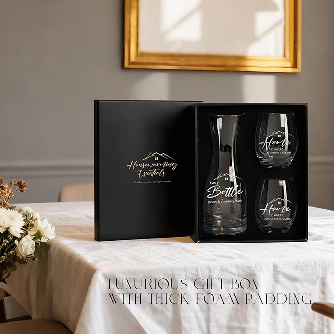 AW BRIDAL House Warming Gifts New Home Wine Glasses and Decanter Set, 2026 Closing Gifts for Home Buyers and Homeowner, New Apartment Gift Basket for Women Friend, First House Gift for Couple Newlywed
