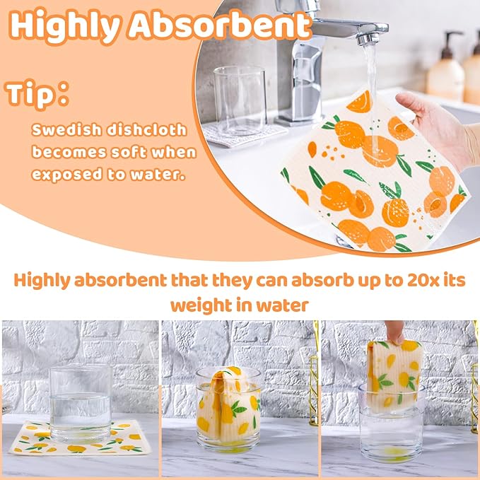 6 Pack Fruit Swedish Dishcloths for Kitchen,Swedish Rags Dish Towels with Clips, Reusable Paper Towels Washable Absorbent Cellulose Sponge Cloths for Cleaning Home Valentines Gifts for Women