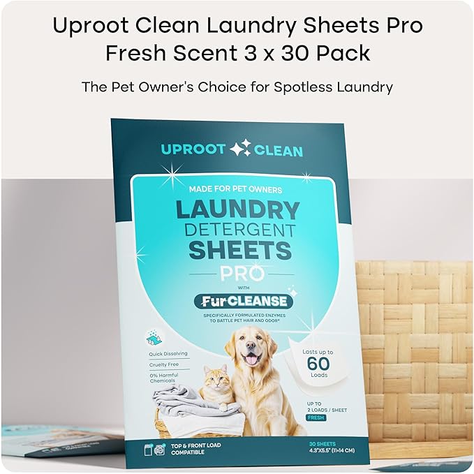 Uproot Clean Laundry Sheets Pro - 90 Pack - Fresh Scent: Mineral-Powered Laundry Detergent Sheets Made in USA - Eliminate Clinging Fur, Pet Odors, & Messy Residue - Up to 180 Loads