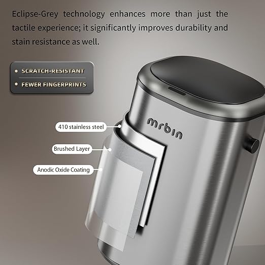 MRBIN Stainless Steel Adsorption Motion Sensor Trash Can Removable, 18L / 4.8gal Automatic Absorbing Bag Lidded Garbage Bin with Wheels, Waste Basket for Kitchen, Bathroom, Eclipse Grey