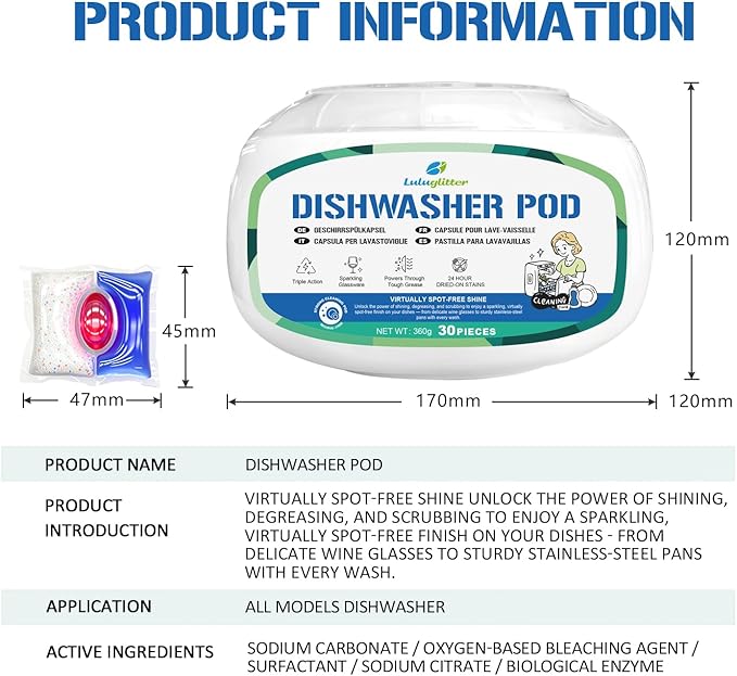 Dishwasher Pods 30 Count, Scrubbing Power, No Pre-Rinse Dishwasher Detergent Soap Removes Burnt-On Stain