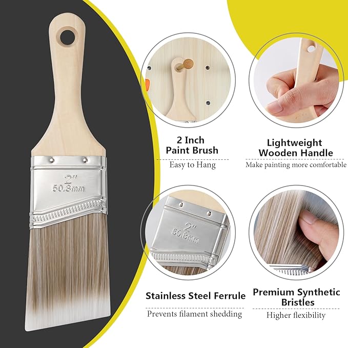 Mister Rui 3-Pack 2 Inch Angled Paint Brushes, Short Handle Professional Sash Brushes for Trim, Cabinets & Furniture, Smooth Finish for Oil & Latex Paint