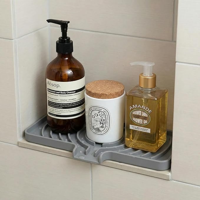 Silicone Sponge Holder for Kitchen Sink With Drain Spout, Self Draining, 10×4inch Kitchen Soap Tray, Bathroom Organizer, Sink Caddy, Perfect for Dispenser, Scrubber, Bottle, Cup on Counter (Gray)