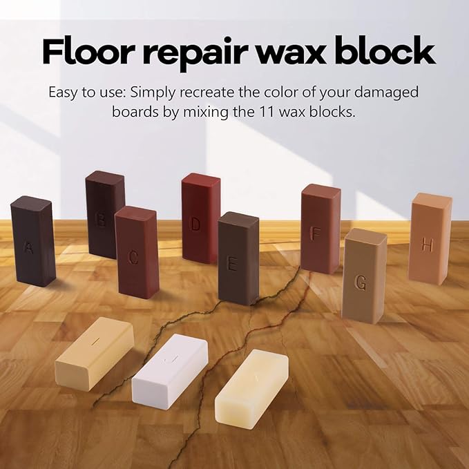 Ejoyous Laminate Floor Repair Kit, Hardwood Floor Repair Kit, 11 Color Floor Wax Wood Floor Furniture Repair Kit Scratches Mending Tool Set for Floors, Worktops, (Only Consumable)