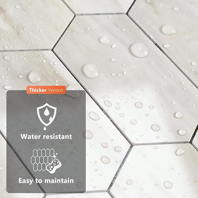 Vamos Tile Long Hexagon Peel and Stick Backsplash Tile - 1 Sheet Stick on Backsplash for Kitchen and Bathroom 12.4 x 12 Inch Glossy Wood Grain PVC Self Adhesive Mosaic Wall Tiles