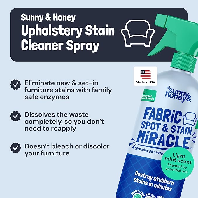 Sunny & Honey Upholstery Cleaner Spray - No Discoloration - Pet & Kid Safe Stain Remover - Multi-Surface Furniture & Sofa Cleaner Spray - Fast-Drying Pet Stain Remover (32 fl oz, Mint)