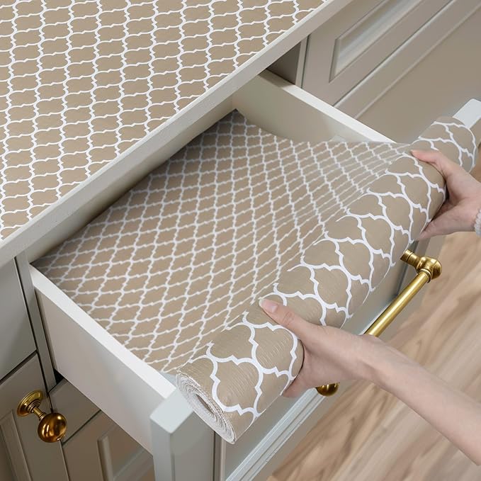 Shelf and Drawer Liner for Kitchen Cabinets Non-Adhesive, Strong Grip Non-Slip Thickened Cabinet Liners for Shelves, Waterproof Mats for Dresser Cupboard, Beige, 23 in x 10 Feet