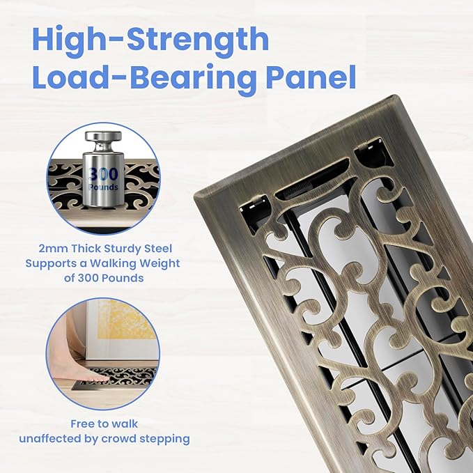 4x10 Inches Heavy Duty Walkable Floor Register - Easy Adjust Air Supply Lever Decorative Floor Vent Covers - Savannah Design Vent Covers for Home - Antique Brass
