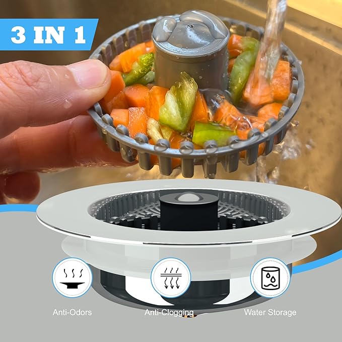 Kitchen Sink Drain Strainer 3 in 1, 304 Stainless Steel Pop Up Sink Stopper, Anti-Clogging Drain Stopper, Strainers for Kitchen, Drain Cover and Kitchen Accessories for US Standard Sink (Chrome)
