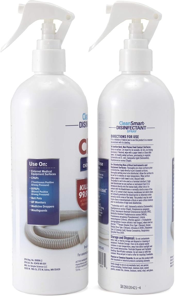 CleanSmart CPAP Disinfectant Spray, Kills 99.9% of Bacteria and Viruses on CPAP Equipment, No Residue, 16 oz (Pack of 2)