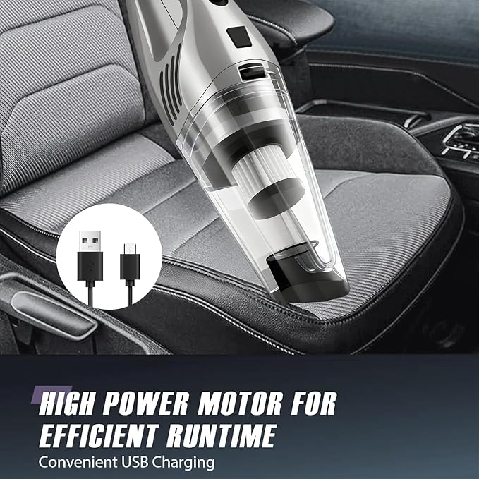 Car Vacuum Portable Cordless – 9000PA Strong Suction, Lightweight & Rechargeable – Includes Multi-Nozzle Attachments for Car, Home, Office, and Pet Hair – Compact & Powerful Grey Vacuum