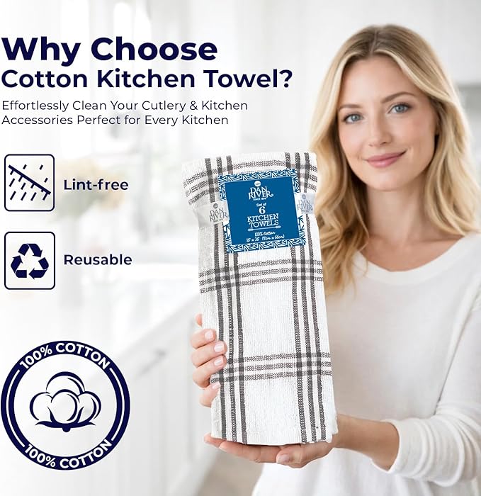 DAN RIVER Premium Kitchen Towels - [Pack of 6] 100% Cotton (16x 26 Inches) -Super Soft,Highly Absorbent, Quick Dry, Dish Towels for Kitchen Towels - Grey