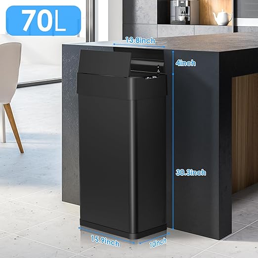 Arlopu 18.5 Gal Automatic Trash Can, 70 Stainless Steel Motion Sensor Garbage Bin, Touchless Brushed Wastebasket, W/Butterfly, Soft-Close Lid, for Living, Dinning Room, Kitchen ((Black)