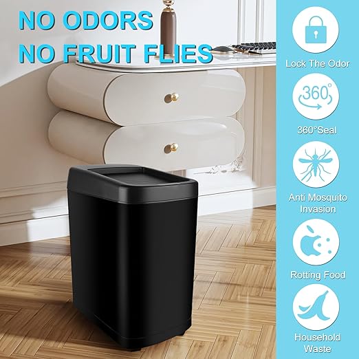 50 Liter / 13.2 Gallon Motion Sensor Trash Can with Roll Lid & Wheels - Automatic Touchless Trashcans for Kitchens, Bedroom, Office Trash Bin (Black)
