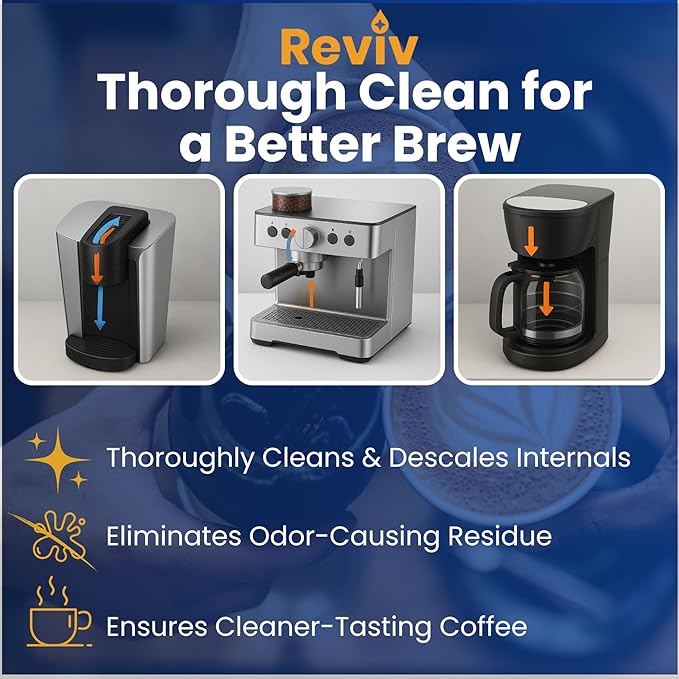 REVIV Coffee Maker Descaling Solution (4 Uses) 16.9 fl oz – Universal Coffee Descaler for Keurig, Nespresso, Breville & Delonghi Machines – Descaler for Multi-Cup & Single Serve Brewers