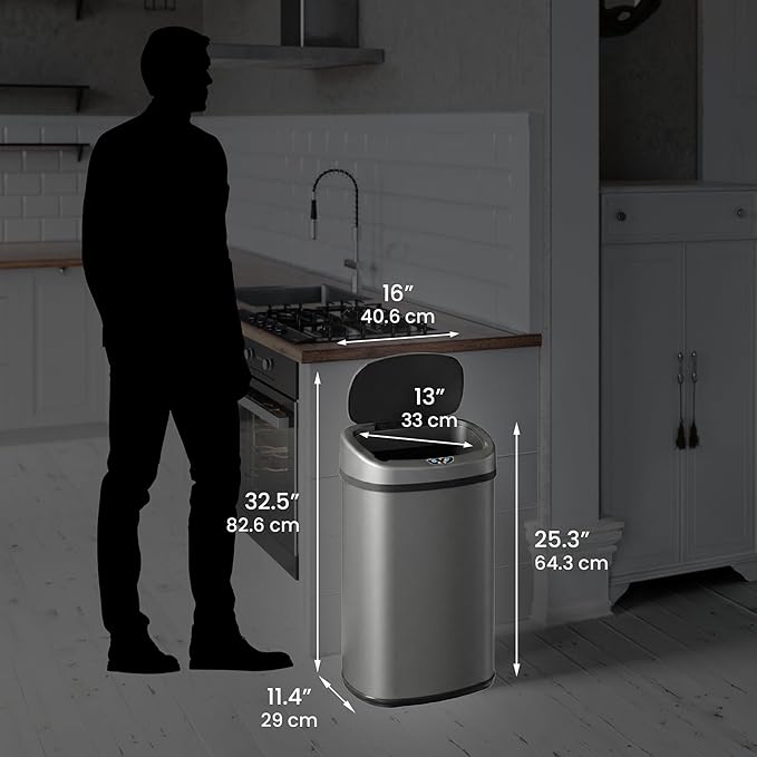 iTouchless 13 Gallon Oval Sensor Trash Can with Odor Filter, Automatic Motion Sensor Kitchen Bin, Slim Curved Soft-Close Gunmetal Gray, Dark Metallic Finish for Office & Garage