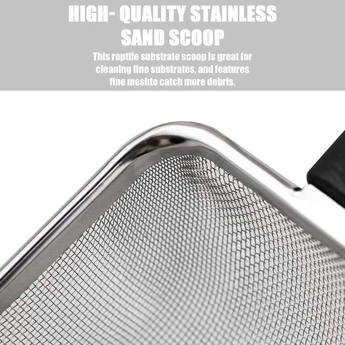 2PCS Stainless Steel Reptile Scooper Set - Fine Mesh Substrate Sifter Scoops for Litter Cleaning, Metal Sand Shovel Combo for Efficient Corner Cleaning and Substrate Sifting in Sand Bedding