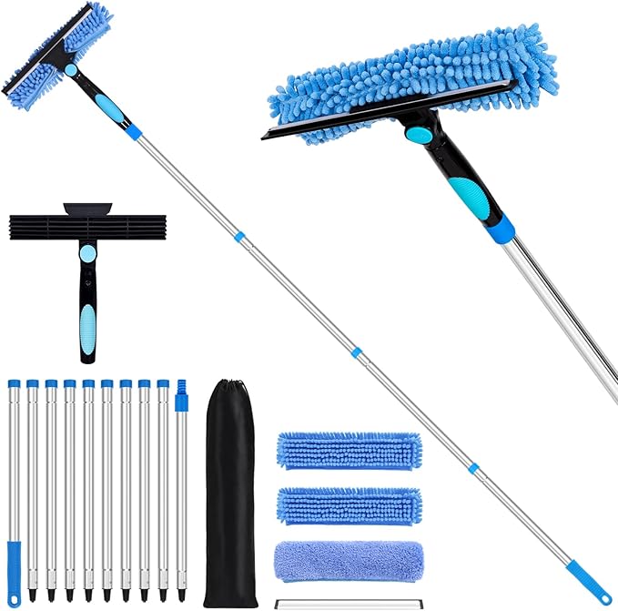 152'' Window Cleaning Kit, 2 in 1 Window Squeegee with Extension Poles, Window Cleaner Tools for Indoor/Outdoor High Window, Car, Glass