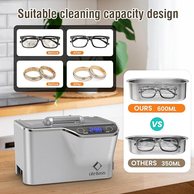LifeBasis Ultrasonic Cleaner, Professional 45kHz Ultrasonic Jewelry Cleaner 20 Ounces (600ML) with Digital Timer, Watch Holder Ultrasonic Glasses Cleaner for Rings, Coins, Watches, Dentures, Silver