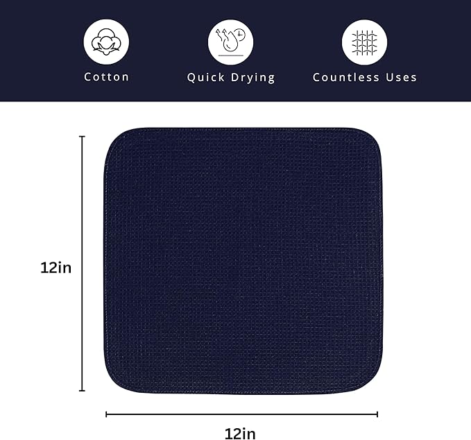 PurpleEssences Dish Cloths and Dish Rags - 8 Pack Waffle Weave Solid Kitchen Dish Wash Cloths, 100% Cotton, 12 x 12 Inches, Ultra Soft Absorbent Quick Drying - Christmas Holiday Winter - Navy Blue