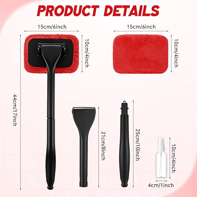 8 Pcs Car Windshield Cleaner Tool Kit with Removable Handle, Microfiber Towel Pads, Brush, Empty Spray Bottle for Auto Glass Wiper Suvs Rvs & Home Windows(Red)