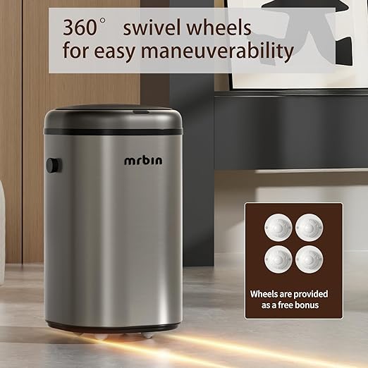 MRBIN Stainless Steel Adsorption Motion Sensor Trash Can Removable, 18L / 4.8gal Automatic Absorbing Bag Lidded Garbage Bin with Wheels, Waste Basket for Kitchen, Bathroom, Eclipse Grey