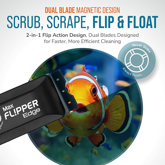 FLIPPER EDGE MAX Magnetic 2-in-1 Aquarium Cleaner for Glass and Acrylic Tanks up to 1 Inch (24mm) Thick – Dual Blade Design with Floating Algae Scraper and Cleaning Tool – Black