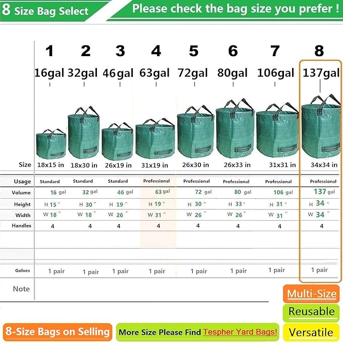 Professional 3-Pack 137 Gallon Lawn Garden Bags (D34,H34 inch) Big Yard Waste Bags with Gardening Gloves,Extra Large Reusable Leaf Bag,Grass Clippings Bag,Leaf Container,Yard Trash Container 4 Handles
