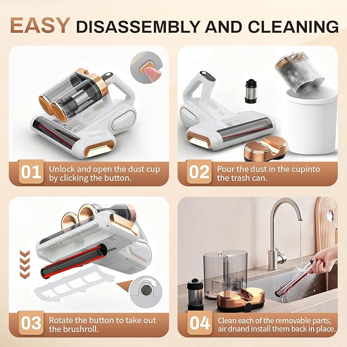 Cordless Mattress Vacuum Cleaner, 16kpa Bed Vacuum Cleaner with 253.7nm Uv-C Light & Ultrasonic Tech Dual Bins for Dust & Widen Suction Port 120w for Bed Sofa & Pet Hair