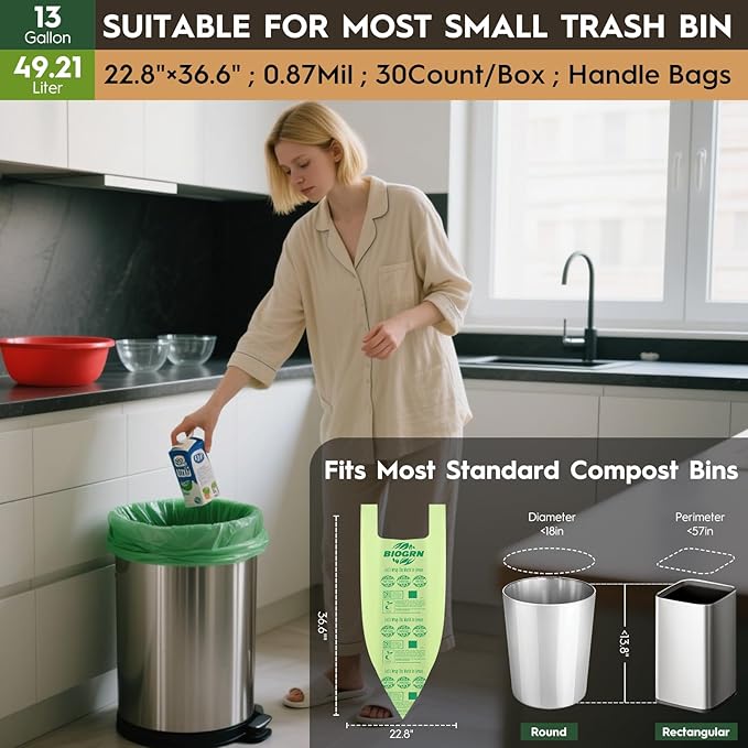 10-13 Gallon Compostable Trash Bags with Handles Tie 30 Bags Biodegradable Garbage Bags Food Scrap Green Waste Bags Thick 0.87 Mil 49.21 Liter ASTM D6400, US BPI and OK Compost Home Certified