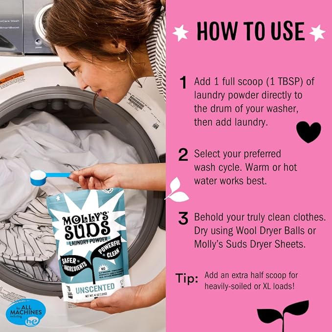 Molly's Suds Original Laundry Detergent Powder | Clean Laundry Detergent Powder for Sensitive Skin | Simple, Effective Ingredients, Stain Fighting | 120 Loads (Lotus & Peony) (Pack of 2)